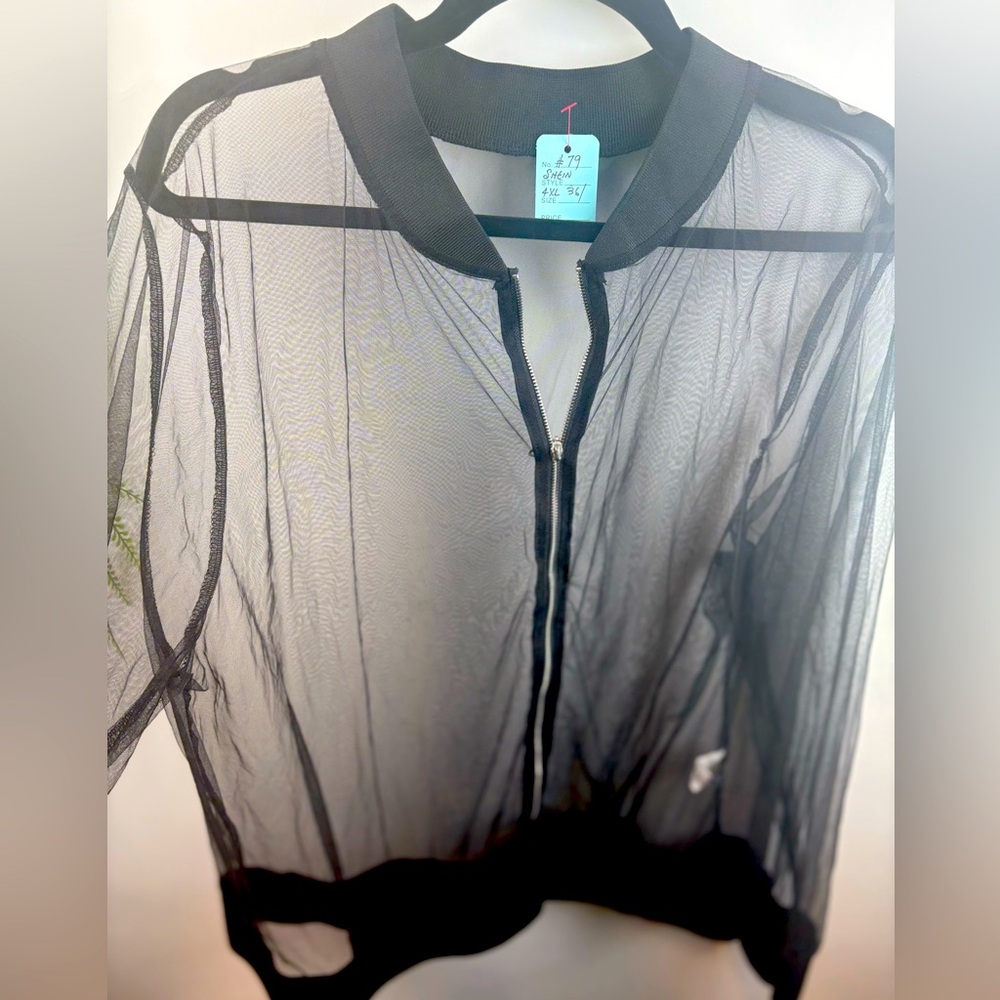 Sheer black bomber jacket. Very cool. 4xl  front zipper.